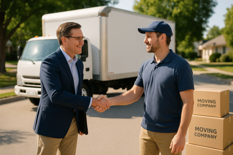 Realtor partnering with a local movers owner beside a box truck