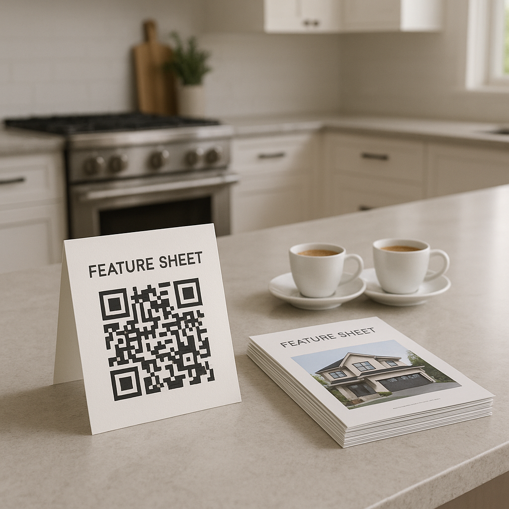 Kitchen island with QR code tent card for feature sheet next to brochures and coffee cups.