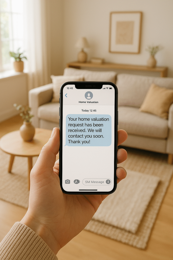 Smartphone screen with a confirmation text for a home valuation request in a staged living room.