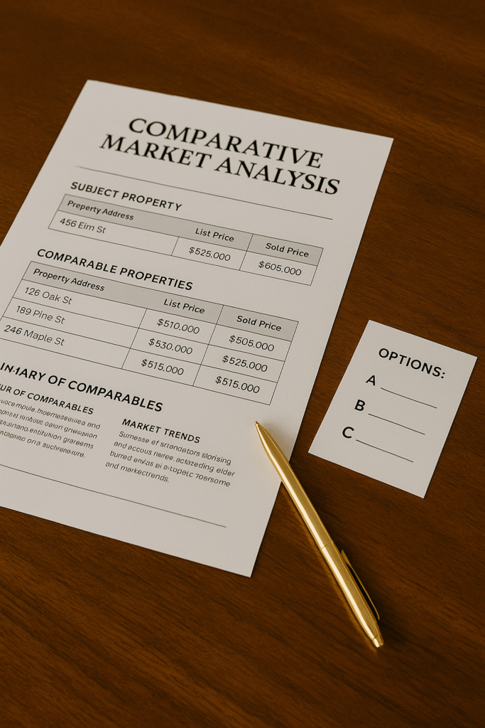CMA printouts with a pen and an options card showing three seller timeline choices.