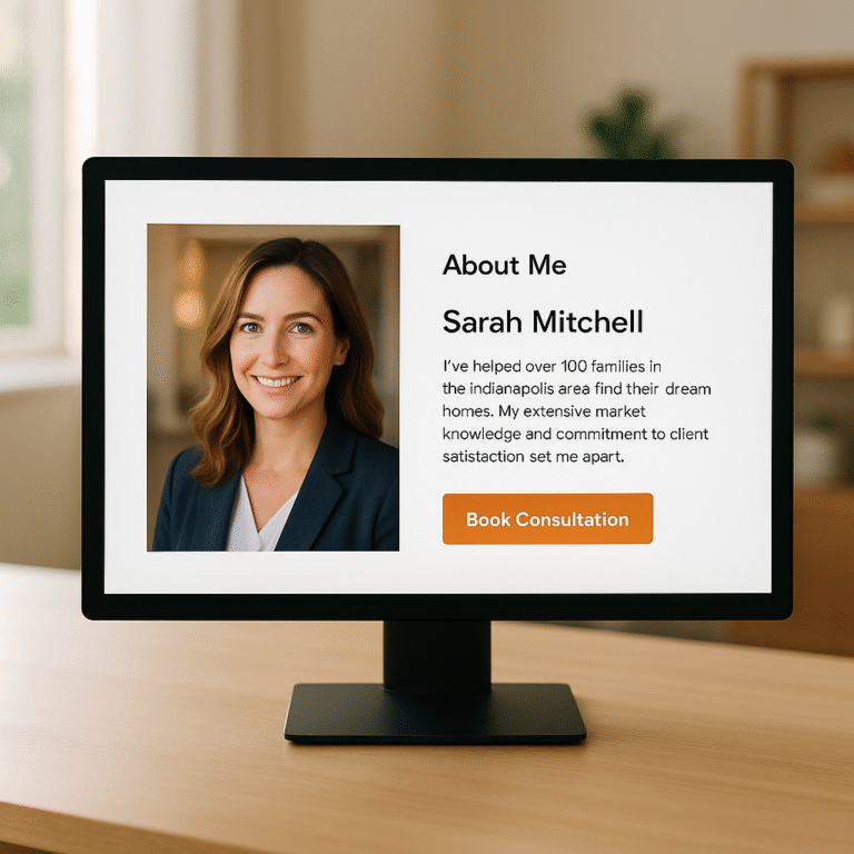 Professional realtor About page hero with headshot, short bio, and Book Consultation button.