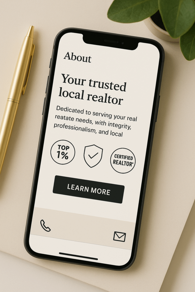 Mobile realtor About page with trust badges and sticky contact bar.