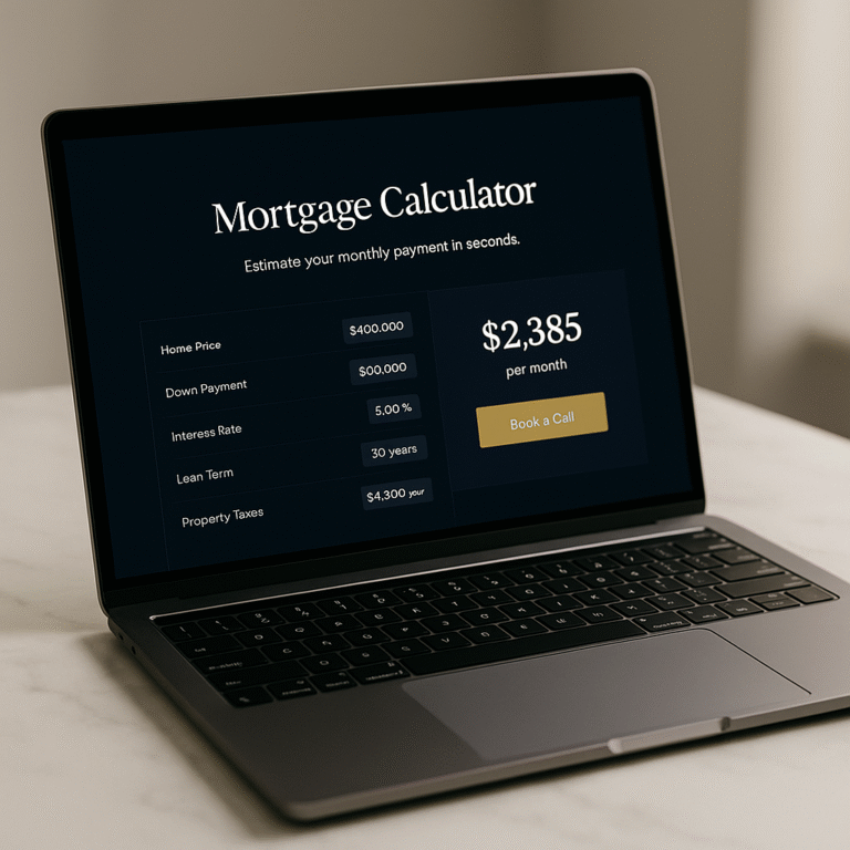 Luxury mortgage calculator result on laptop with gold CTA on marble desk