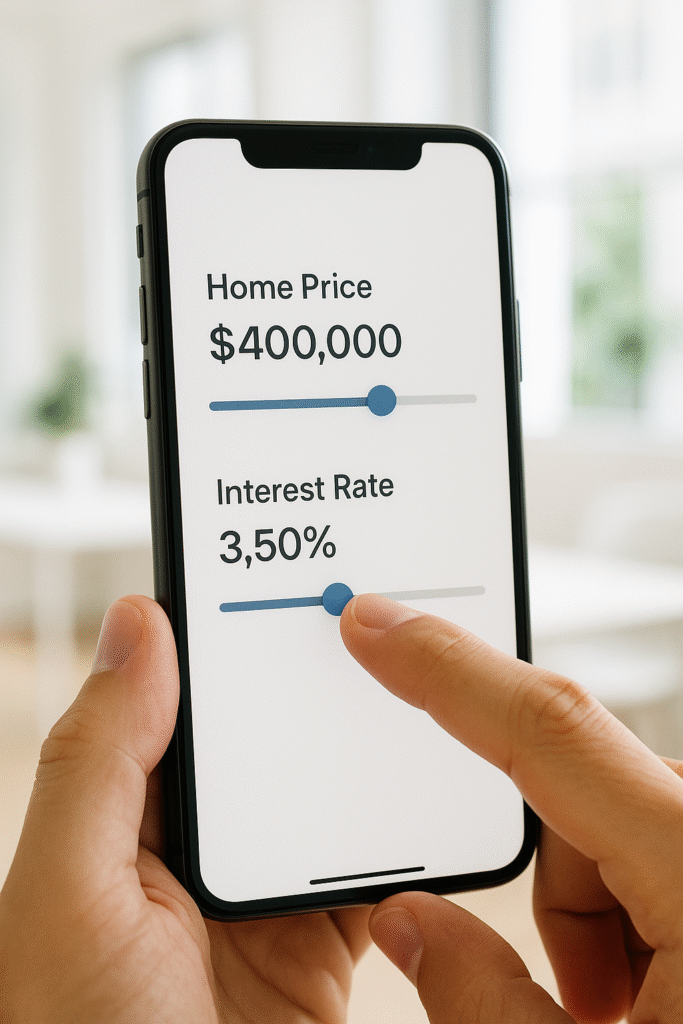 Phone screen with mortgage calculator sliders in a modern office