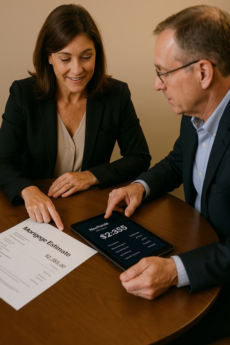 Realtor and client reviewing printed mortgage estimate next to tablet