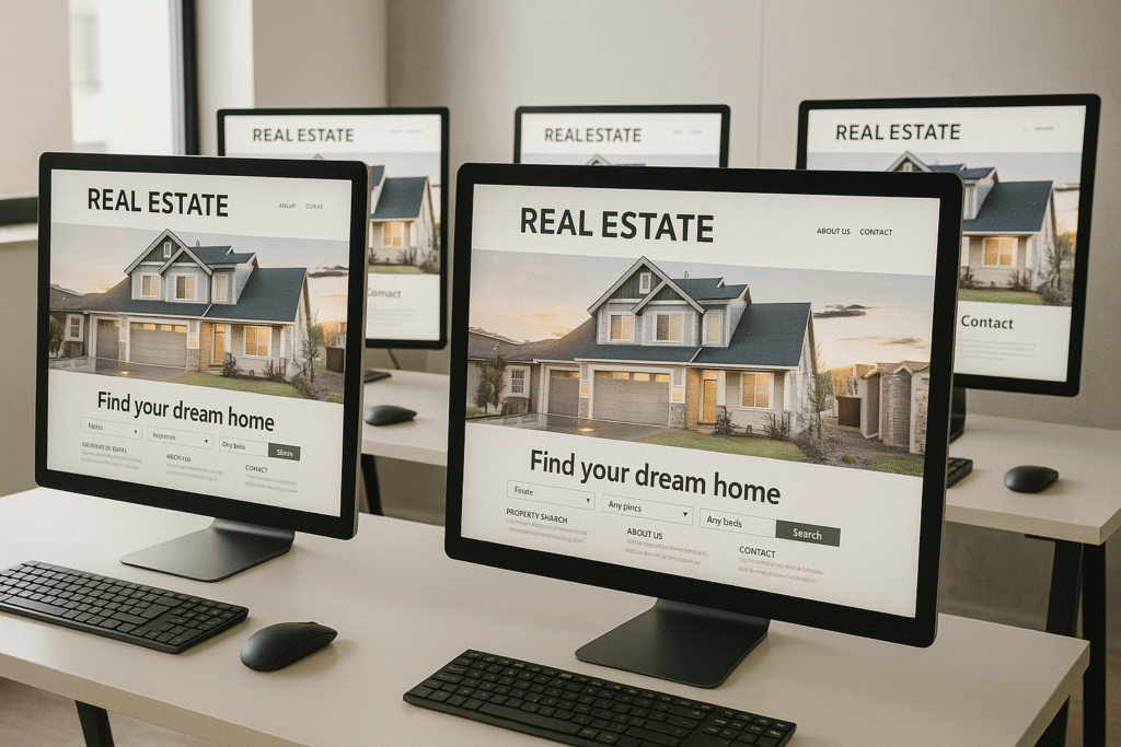 Identical realtor website templates displayed on multiple monitors representing duplicate brokerage sites.