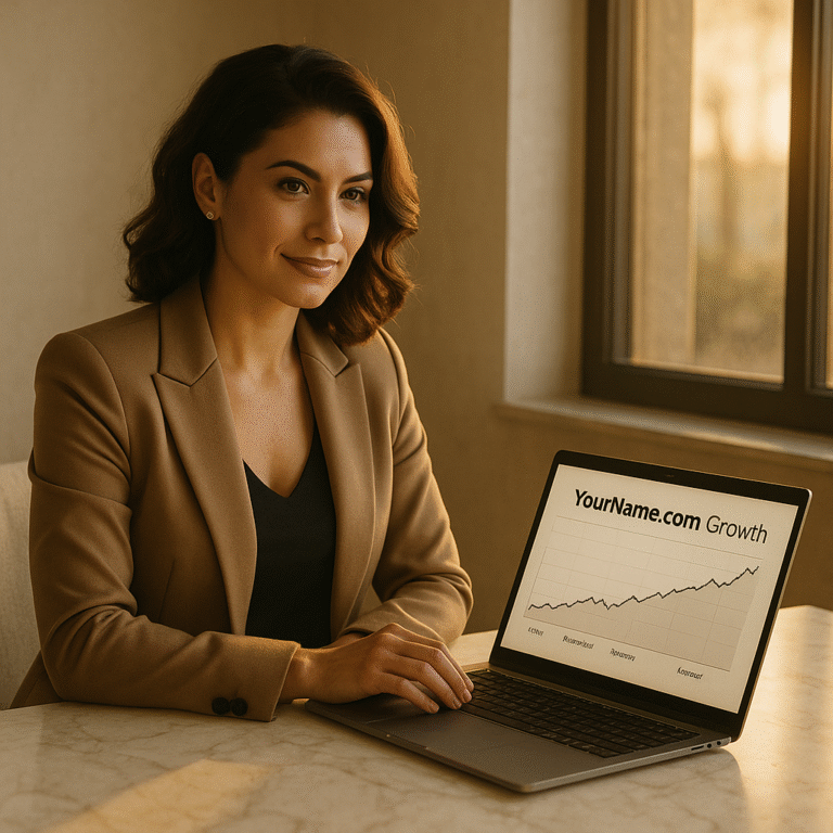 Realtor reviewing owned website analytics symbolizing growth and domain authority on a personal site.