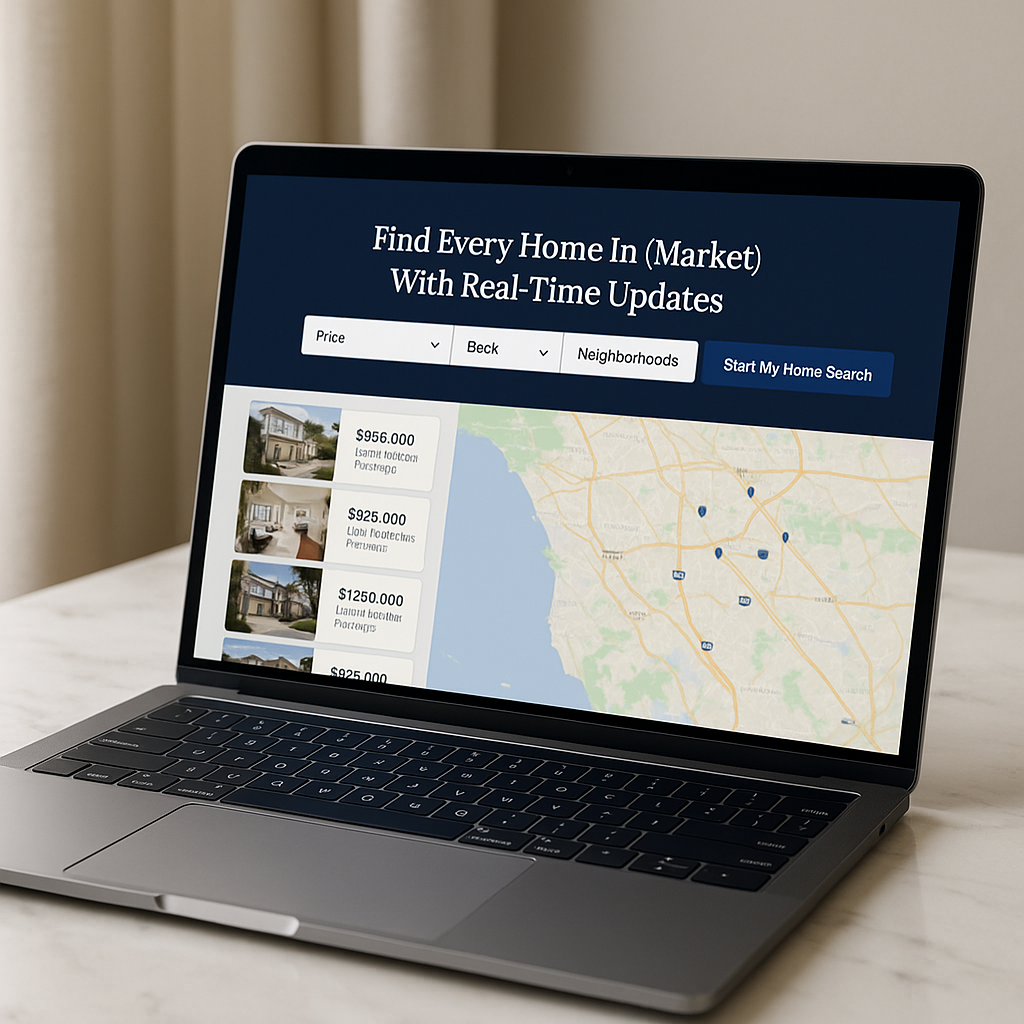 Luxury laptop showing IDX search with price and neighborhood filters.
