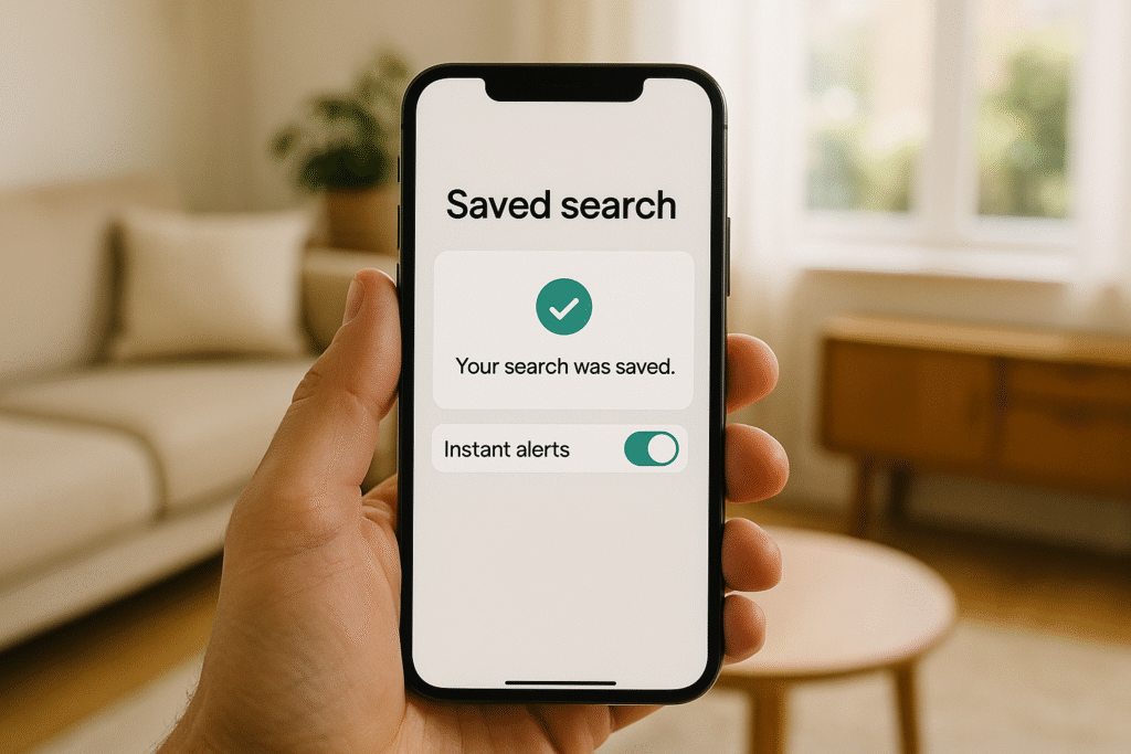 Phone screen confirming saved search with instant alert toggle.