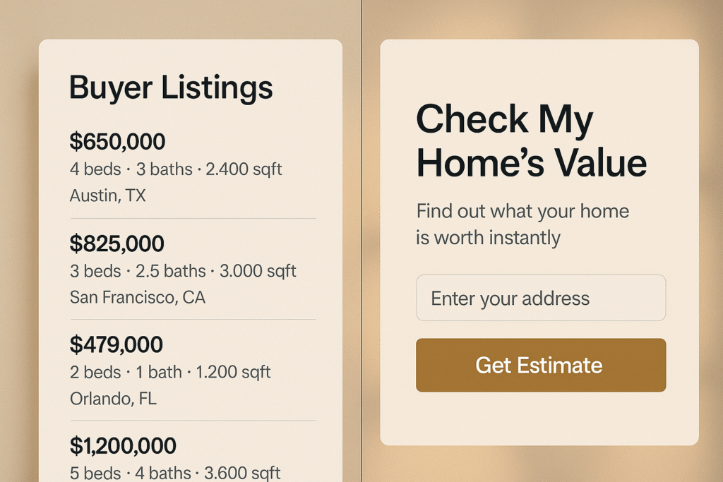 Split screen showing listings and a Check My Home’s Value widget.