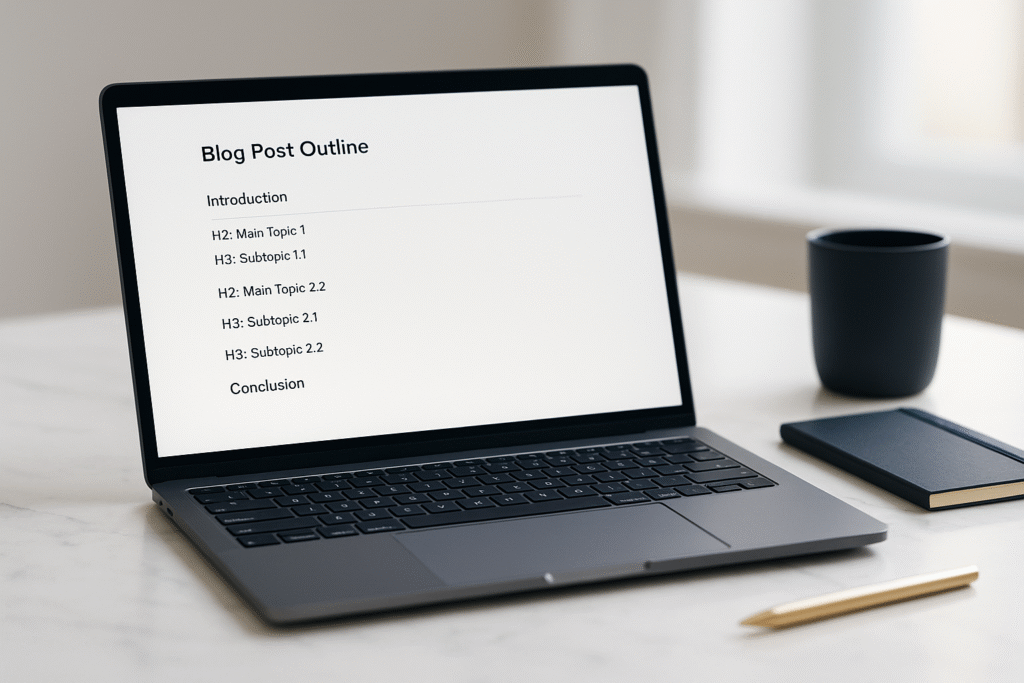 Laptop on marble desk showing structured blog outline with headings