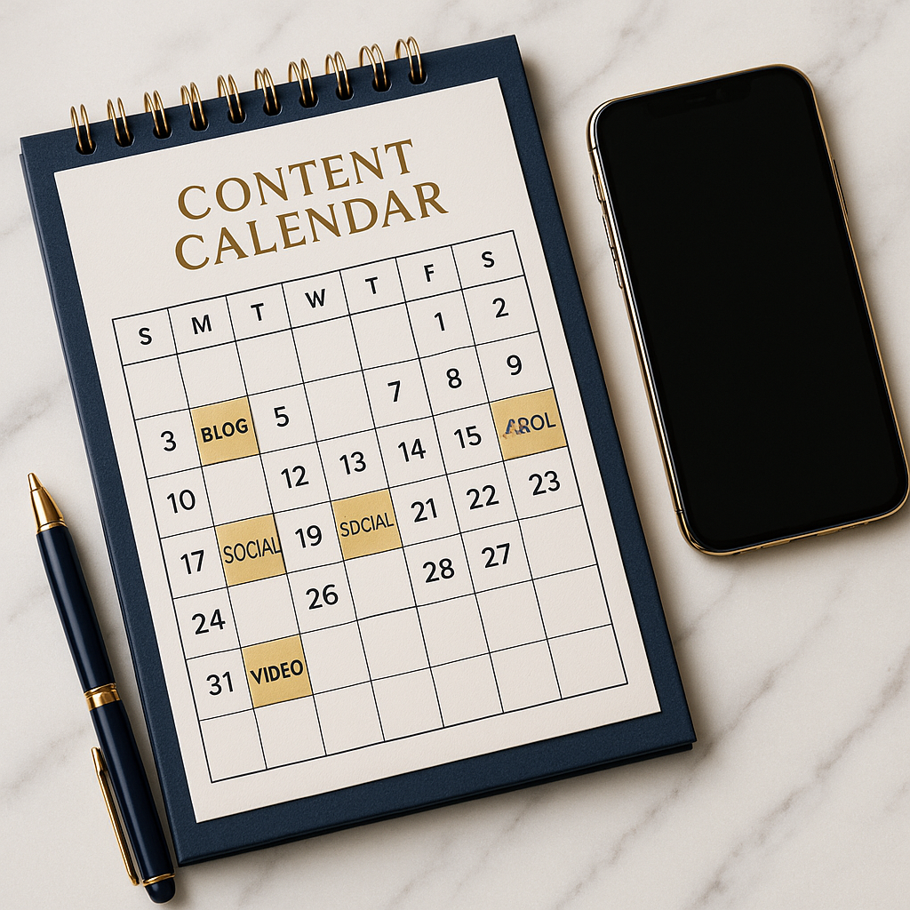 Content calendar with keywords and dates highlighted next to smartphone and pen