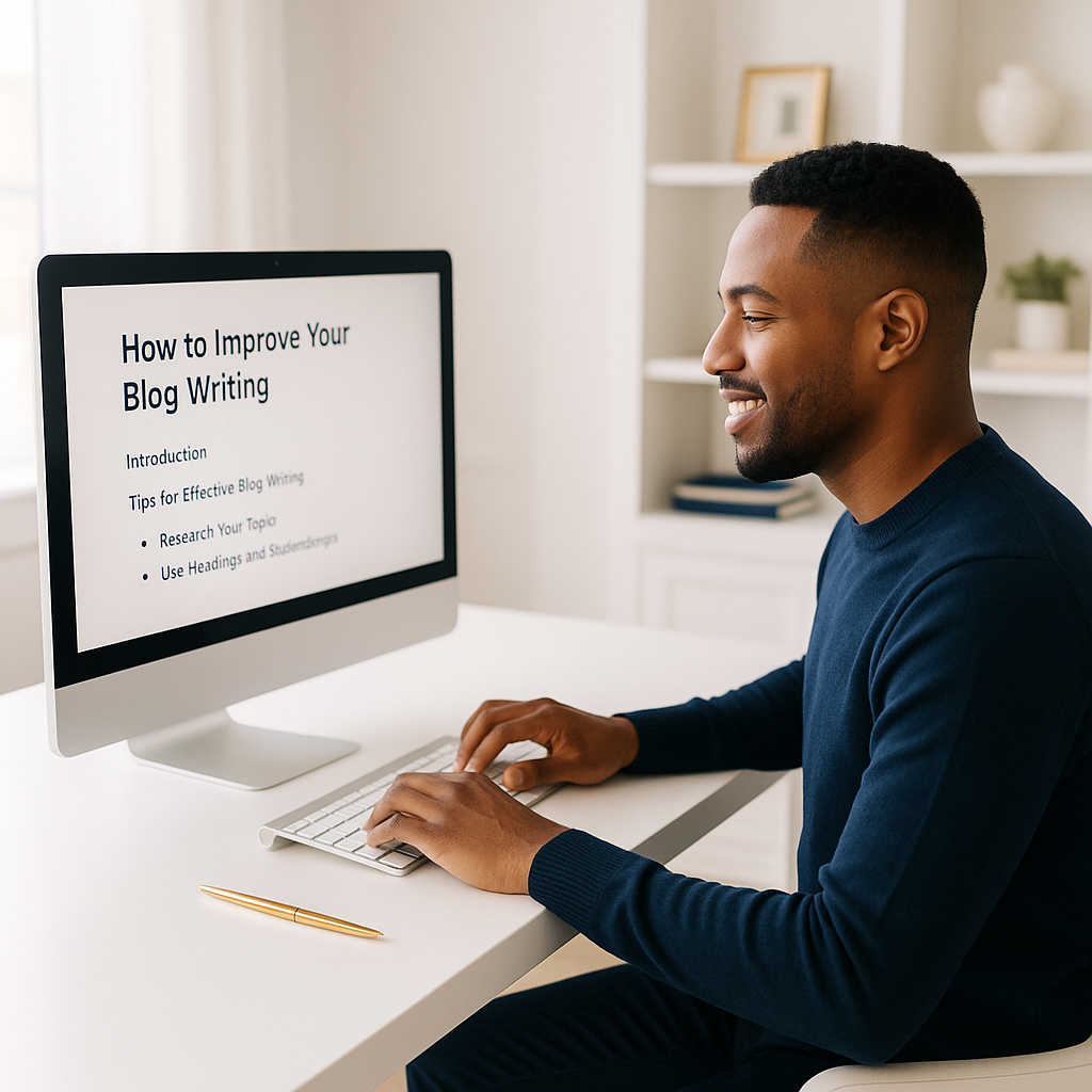 mall business owner typing blog content on computer in bright home office