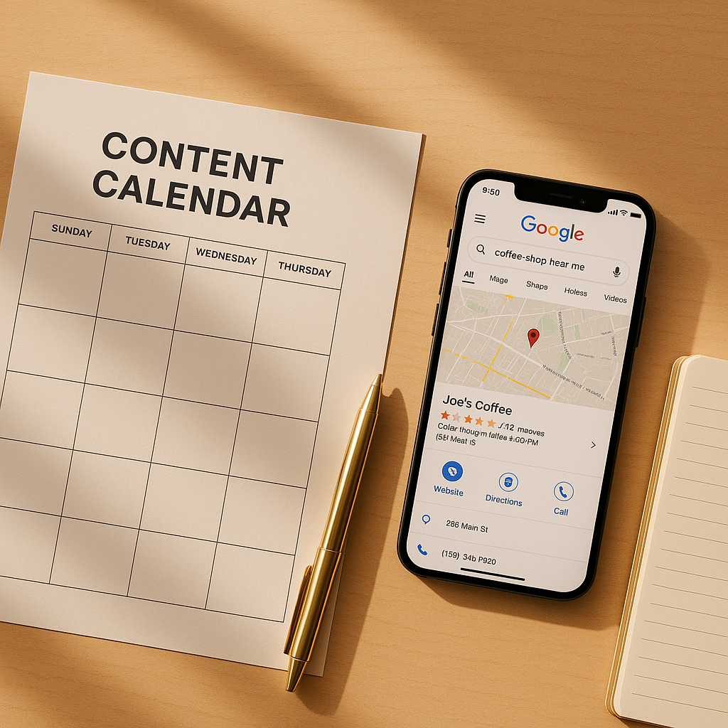 Content calendar and phone showing a business in Google’s map pack on a bright modern desk.