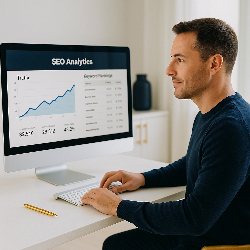 Small business owner reviewing SEO analytics and keyword rankings on a bright, modern computer workspace.