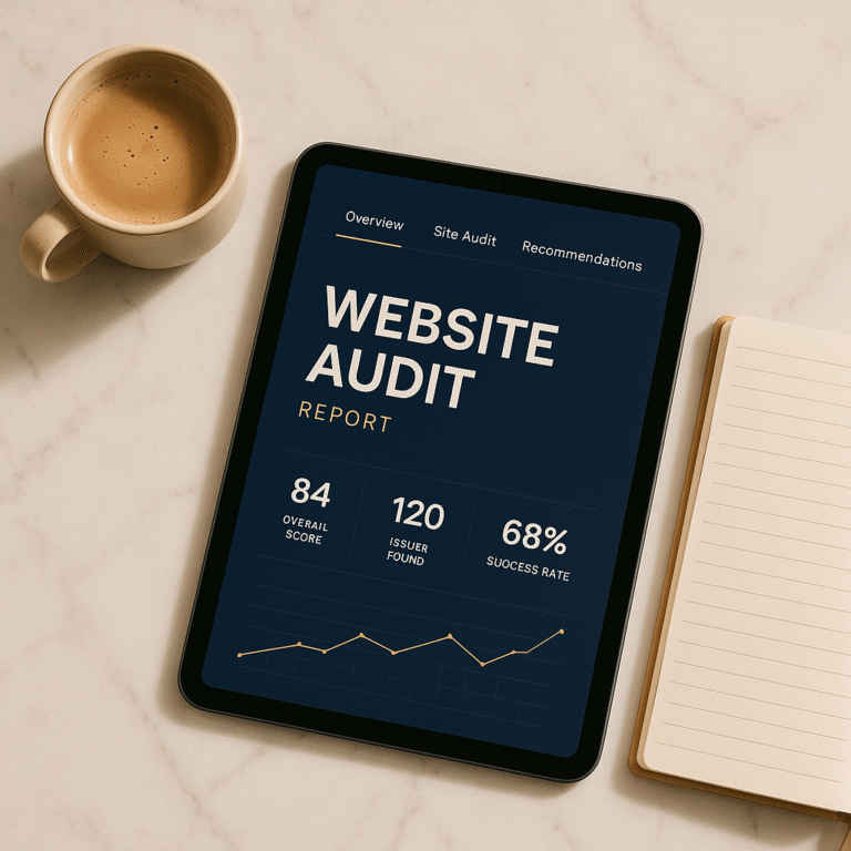 Tablet showing website audit report on marble desk with coffee cup and notebook, stylish navy and gold workspace.