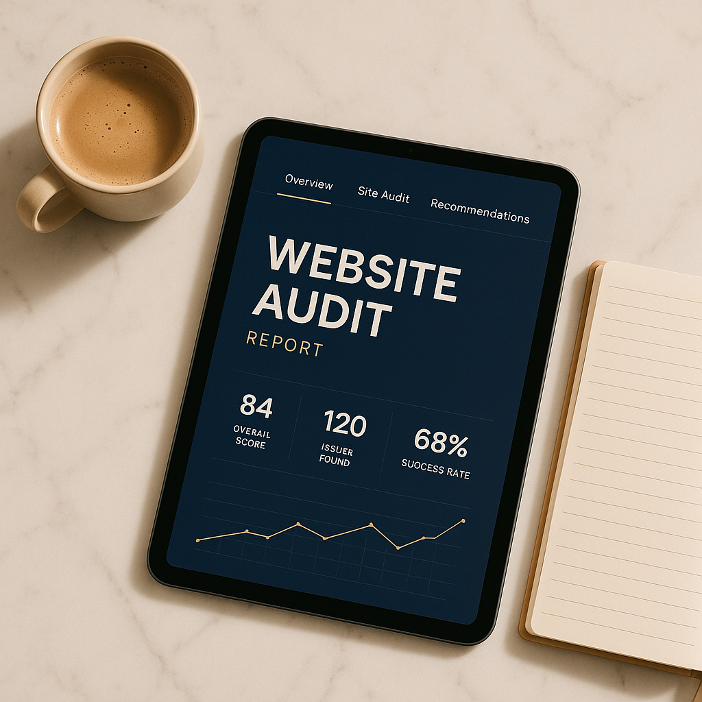 Tablet showing website audit report on marble desk with coffee cup and notebook, stylish navy and gold workspace.