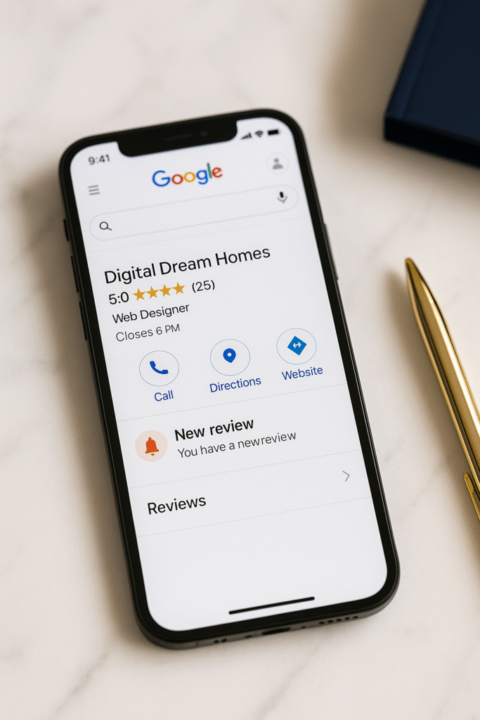 Phone displaying a Google Business Profile with five star rating and new review alert on a marble desk.