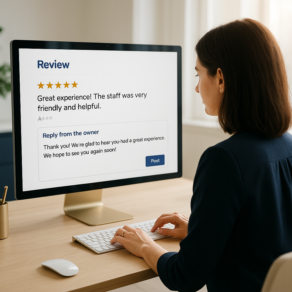 Small business owner typing a thoughtful reply to a Google review on a desktop monitor.