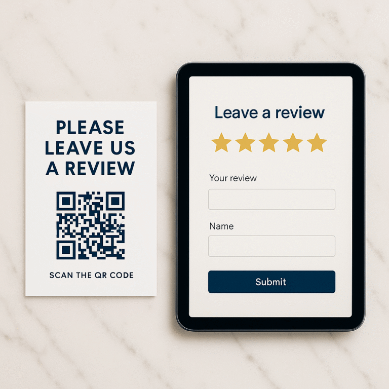 Review request card with QR code beside a tablet opening the Google review form.