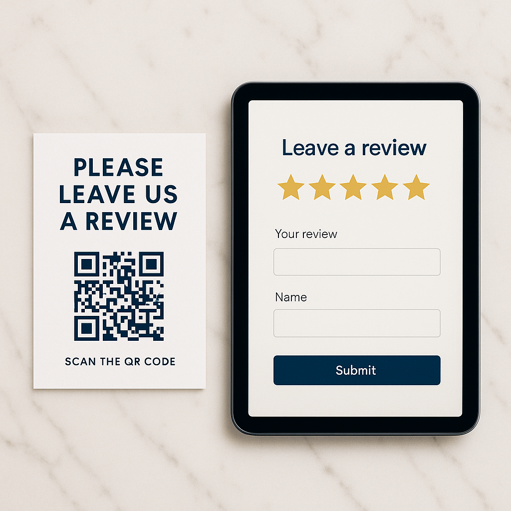 Review request card with QR code beside a tablet opening the Google review form.