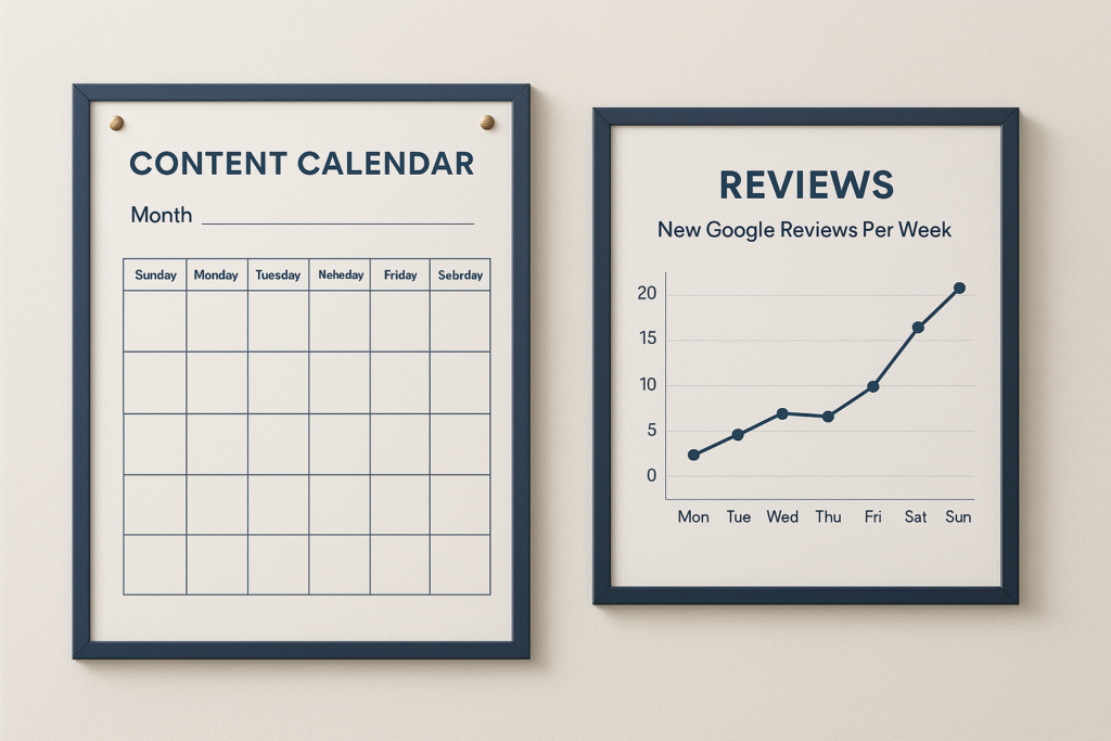 Content calendar and wall dashboard tracking weekly Google reviews growth.