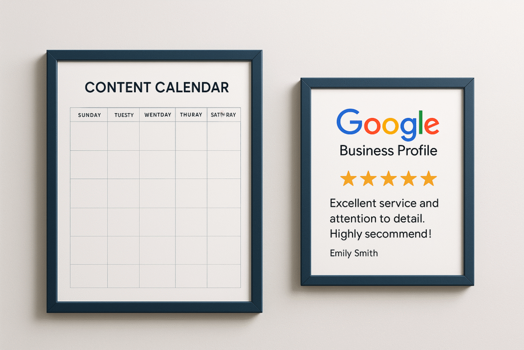 Content calendar and review card framed on a wall in a minimal navy and white style.