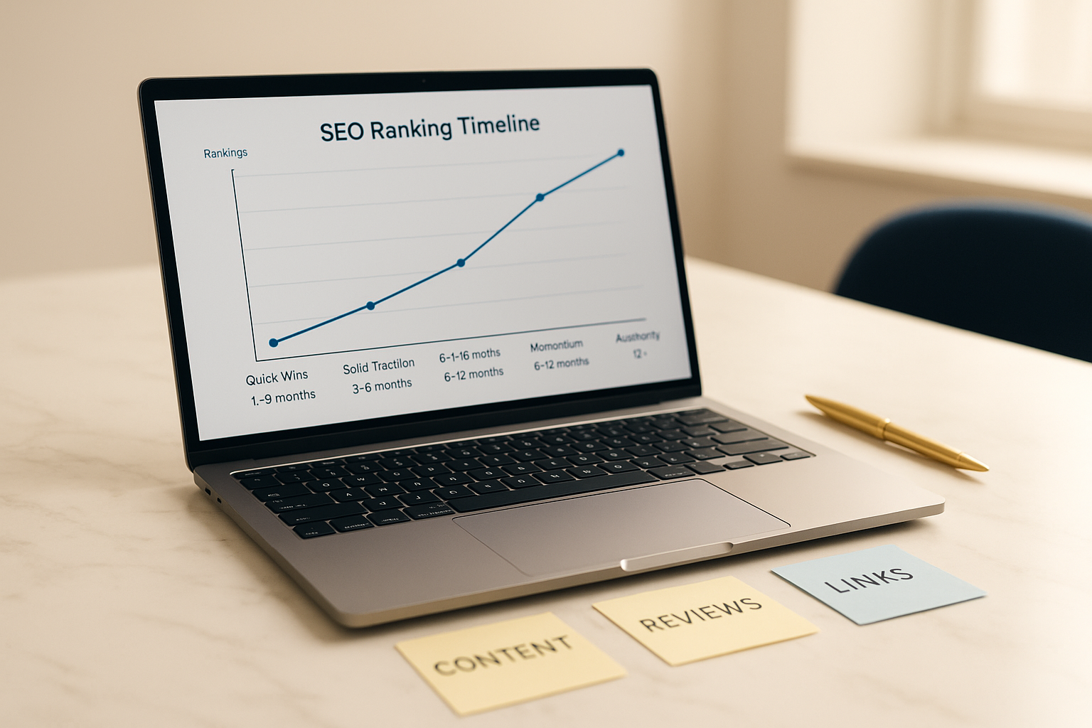 Laptop on marble desk showing SEO ranking timeline chart with navy accents.