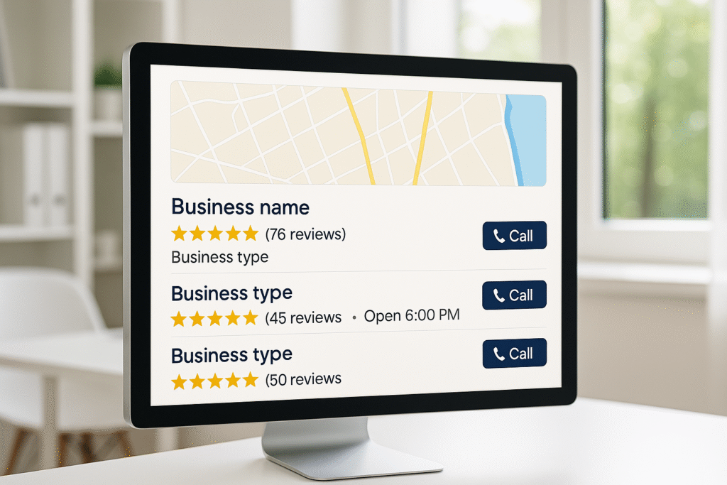 Desktop screen displays Google map pack listing with five-star ratings and call button.
