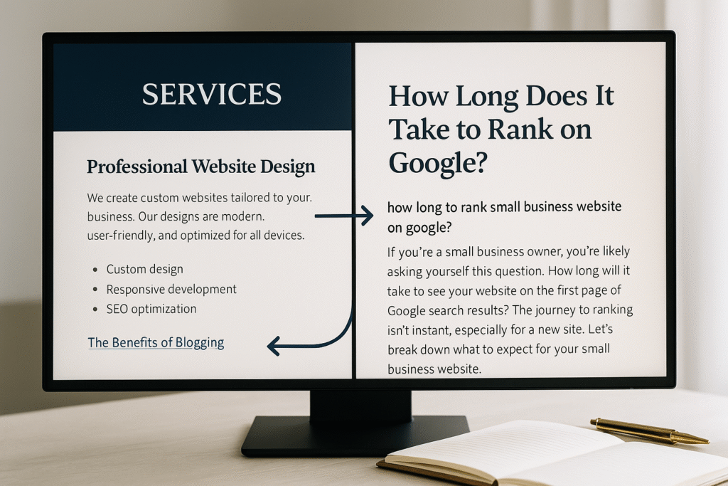 Monitor shows service page and blog post connected by internal link arrows.