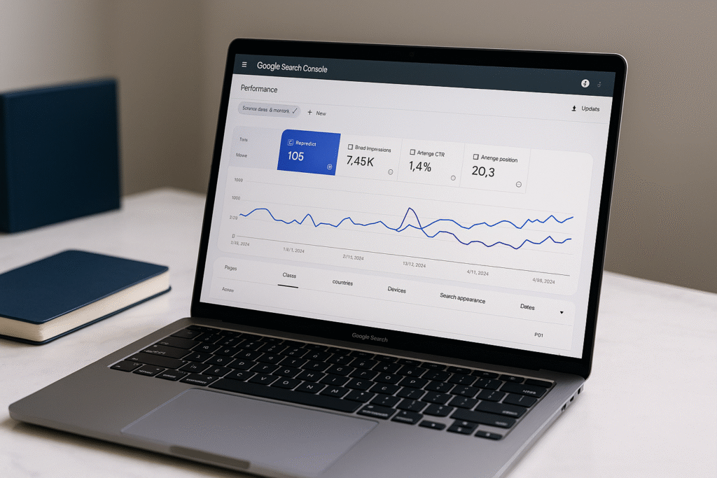 Google Search Console performance graph on a laptop in a clean modern workspace