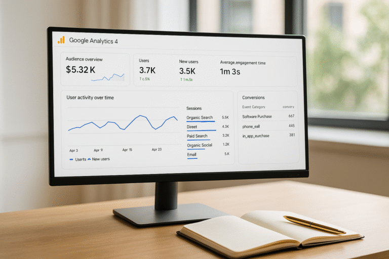 GA4 dashboard with conversions panel open on a stylish office monitor