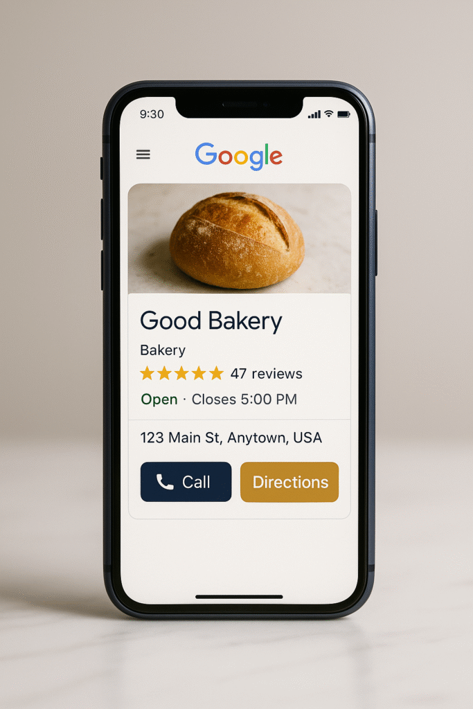 Google Business Profile on a phone with call and directions buttons visible