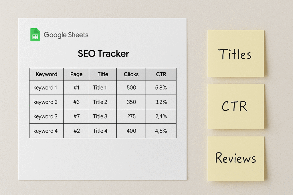 Google Sheet SEO tracker spreadsheet with notes for titles, CTR, and reviews