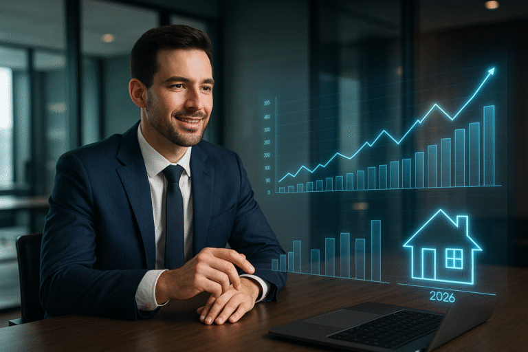 Realtor analyzing futuristic 2026 housing forecast charts in modern office