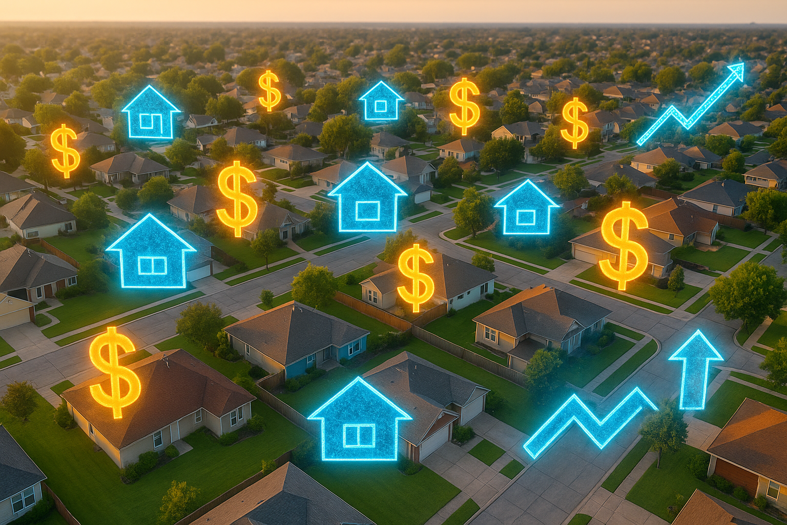 Drone view of U.S. neighborhood with glowing holographic 2026 real estate forecast icons