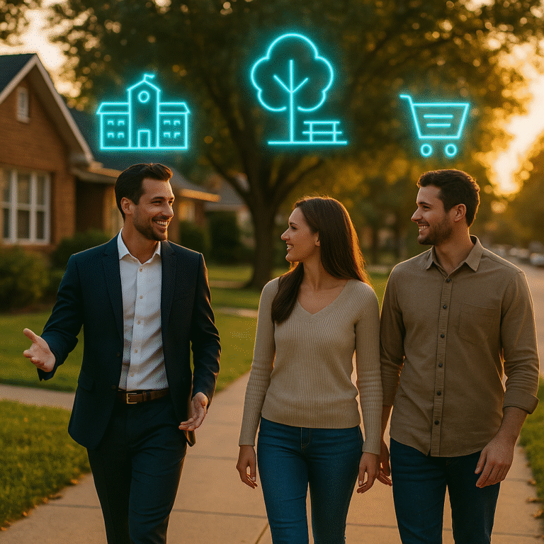 Realtor guiding clients in suburban neighborhood with holographic icons of schools, parks, and shops