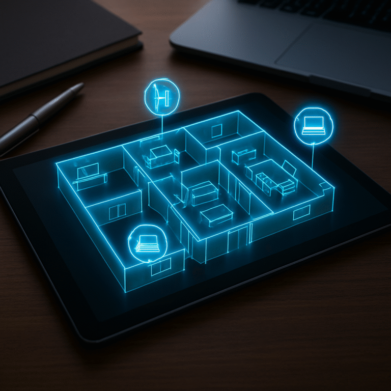 Realtor tablet showing glowing 3D floor plan with room icons