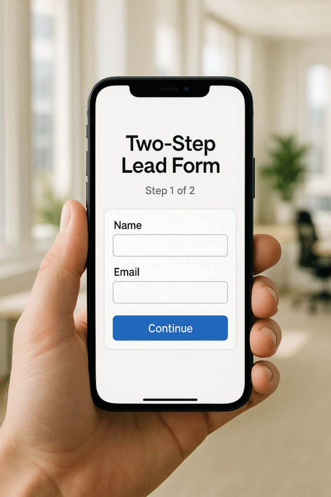 Two-step lead capture form displayed on a smartphone