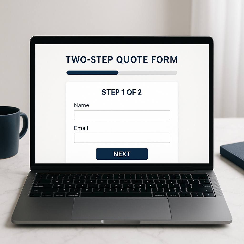 Two-step lead form with progress bar on laptop
