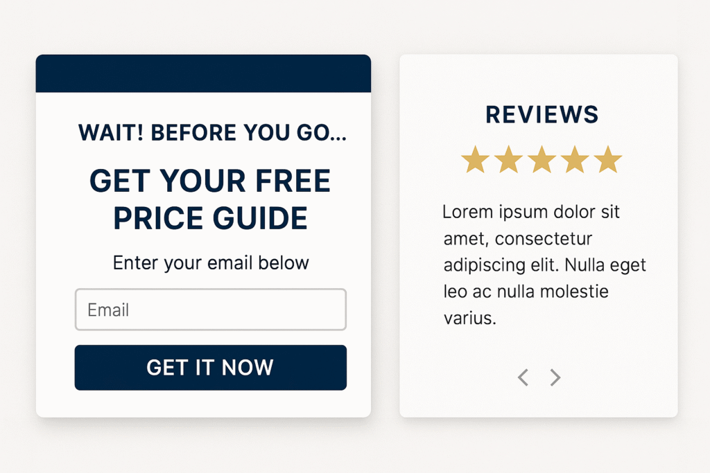 Exit popup offering price guide with five star reviews nearby