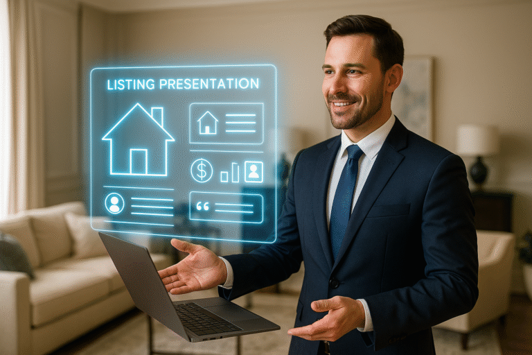 Realtor giving modern digital listing presentation with holographic visuals in luxury home