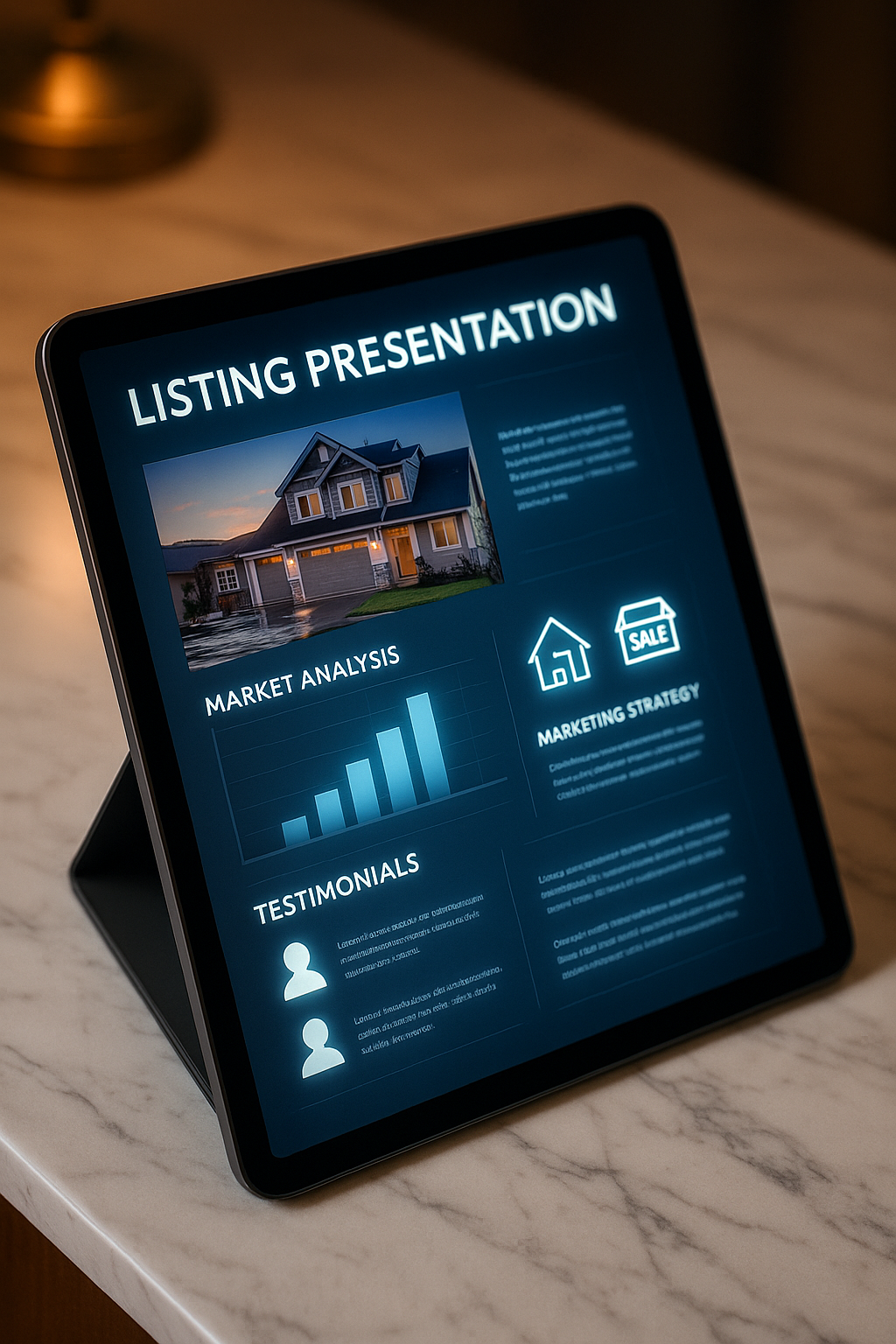 Digital listing presentation on tablet showing real estate marketing visuals