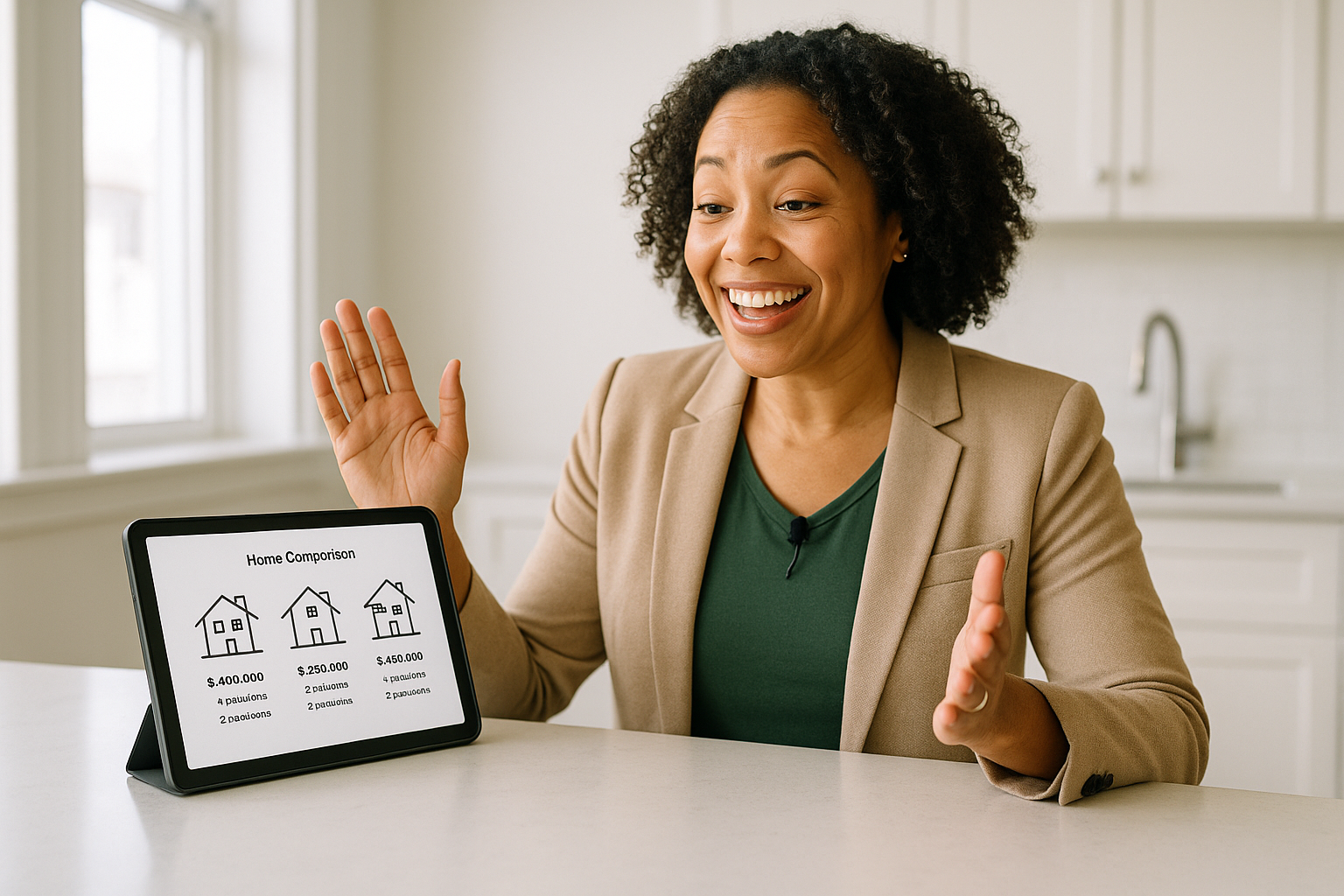 Realtor writing creative real estate blog title ideas in a bright workspace.