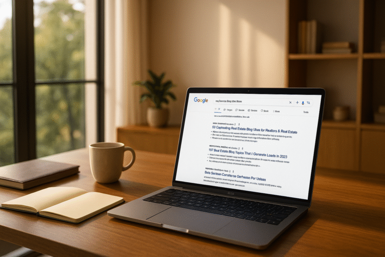 Laptop on modern desk showing real estate blog title ideas ranking on Google.