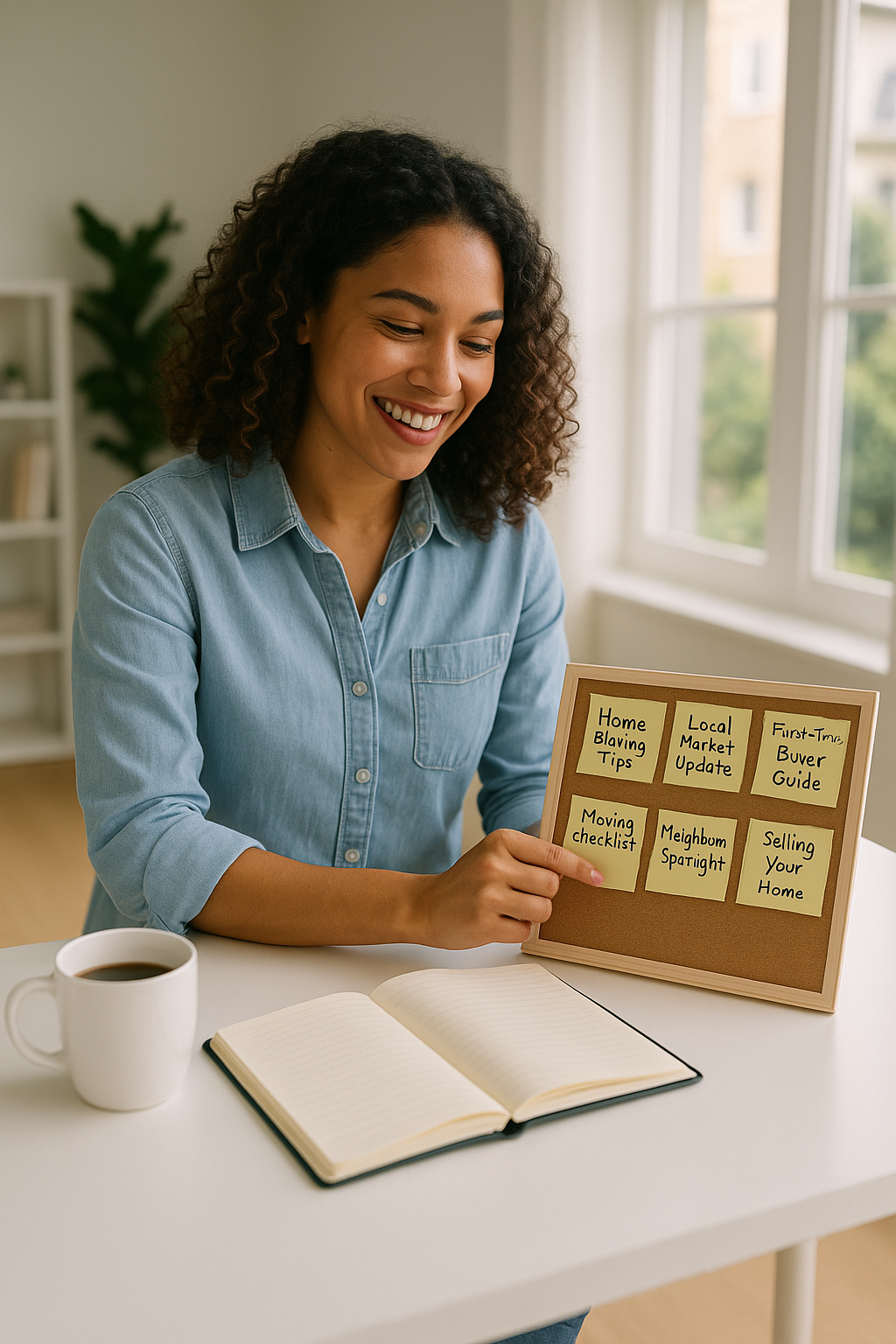 Realtor writing creative real estate blog title ideas in a bright workspace.