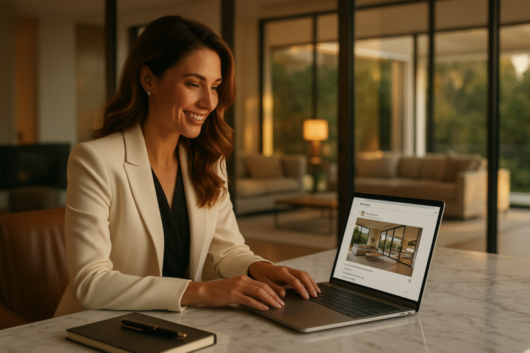 Realtor writing Instagram captions at a marble desk with luxury home in the background