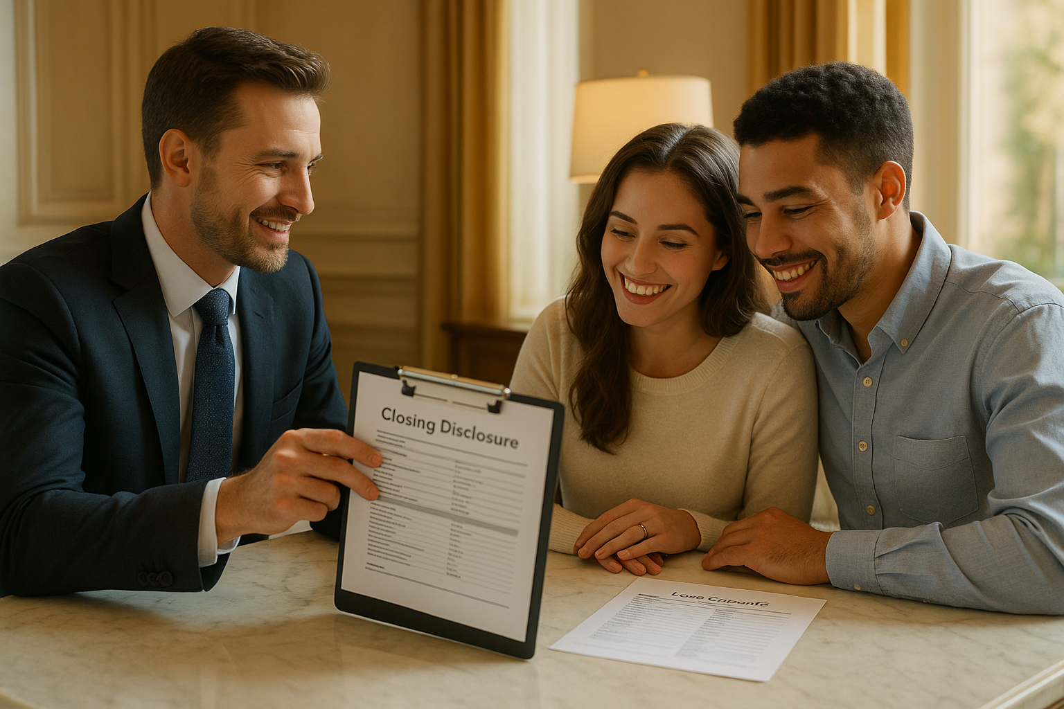 First-time buyers smiling as a realtor explains their closing documents in a bright elegant office.