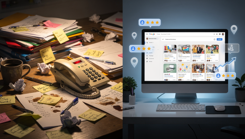 Before and after view: messy realtor desk vs organized Google Business Profile posts dashboard converting leads