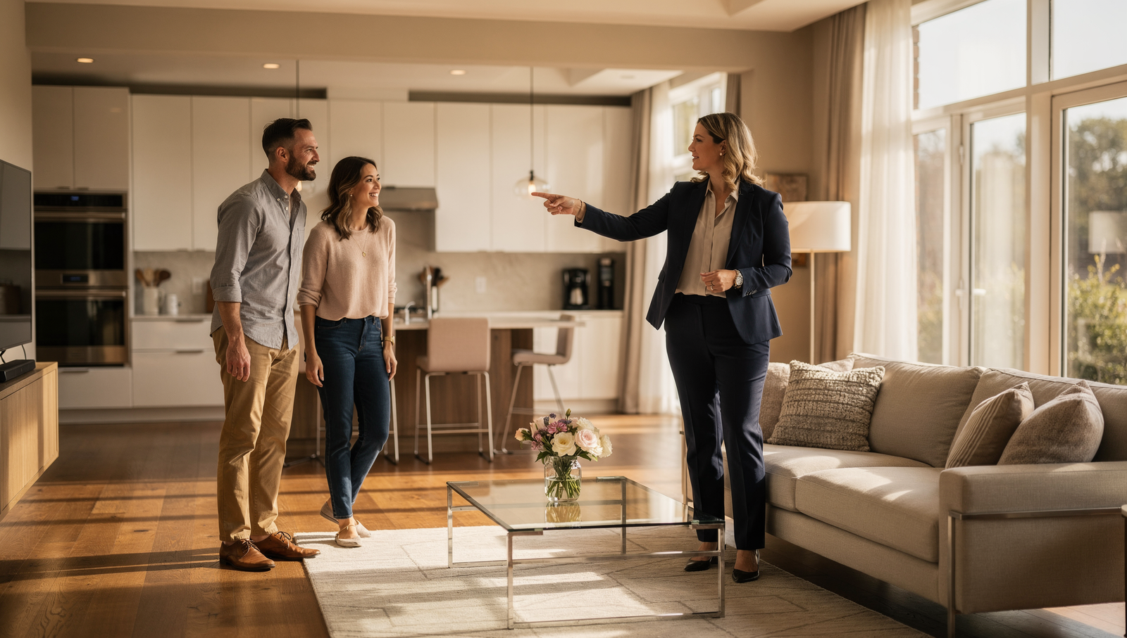 realtor showing inside of a home to people at an open house